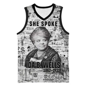 Ida B. Wells Basketball Jersey with Newspaper Collage Design Powerful Portrait Civil Rights and Free Press Tribute - African Pride