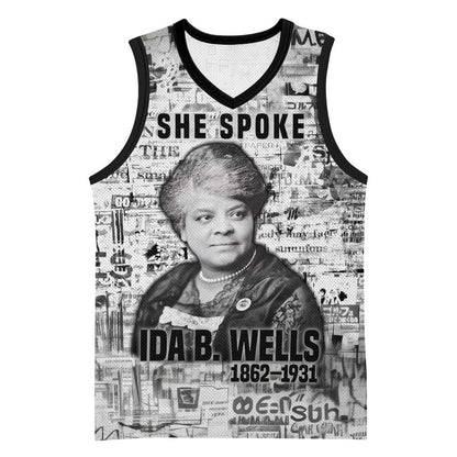Ida B. Wells Basketball Jersey with Newspaper Collage Design Powerful Portrait Civil Rights and Free Press Tribute - African Pride