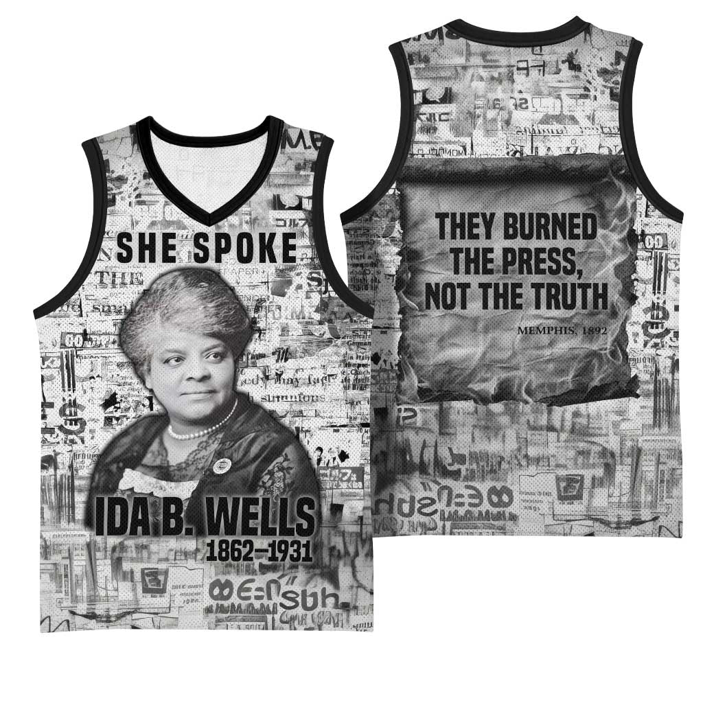 Ida B. Wells Basketball Jersey with Newspaper Collage Design Powerful Portrait Civil Rights and Free Press Tribute - African Pride