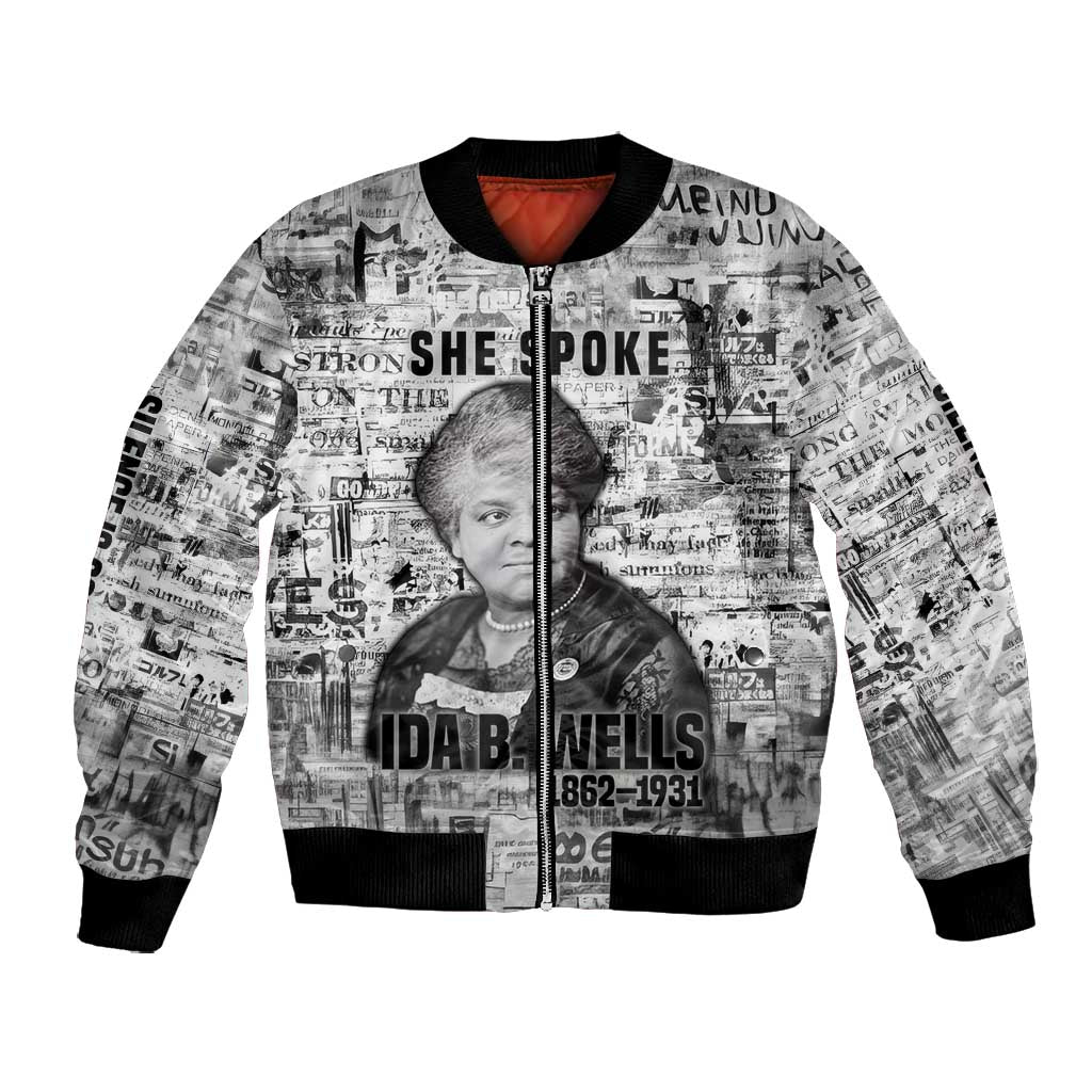 Ida B. Wells Bomber Jacket with Newspaper Collage Design Powerful Portrait Civil Rights and Free Press Tribute - African Pride