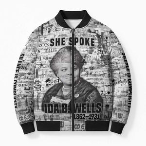 Ida B. Wells Bomber Puffer Jacket with Newspaper Collage Design Powerful Portrait Civil Rights and Free Press Tribute - African Pride