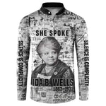 Ida B. Wells Button Sweatshirt with Newspaper Collage Design Powerful Portrait Civil Rights and Free Press Tribute