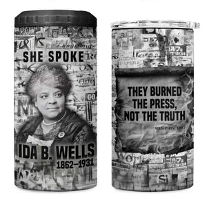 Ida B. Wells 4 in 1 Can Cooler Tumbler with Newspaper Collage Design Powerful Portrait Civil Rights and Free Press Tribute - African Pride