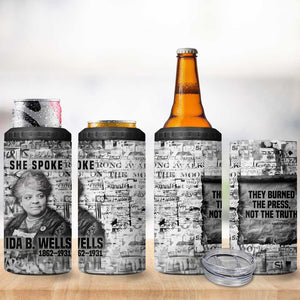 Ida B. Wells 4 in 1 Can Cooler Tumbler with Newspaper Collage Design Powerful Portrait Civil Rights and Free Press Tribute - African Pride