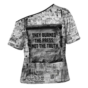 Ida B. Wells Cross Shoulder Shirt with Newspaper Collage Design Powerful Portrait Civil Rights and Free Press Tribute - African Pride