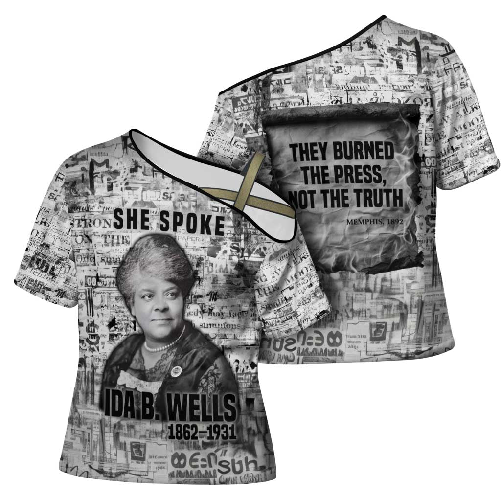 Ida B. Wells Cross Shoulder Shirt with Newspaper Collage Design Powerful Portrait Civil Rights and Free Press Tribute - African Pride