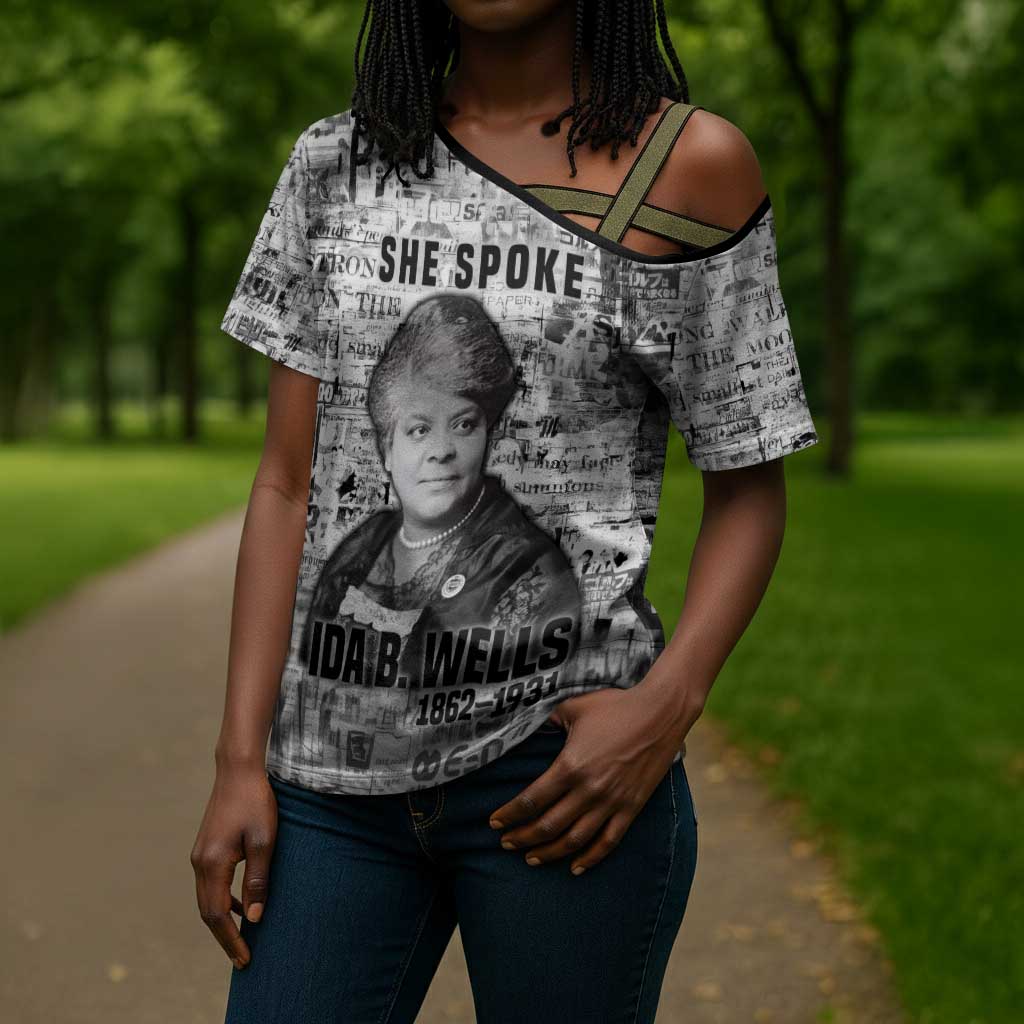 Ida B. Wells Cross Shoulder Shirt with Newspaper Collage Design Powerful Portrait Civil Rights and Free Press Tribute - African Pride