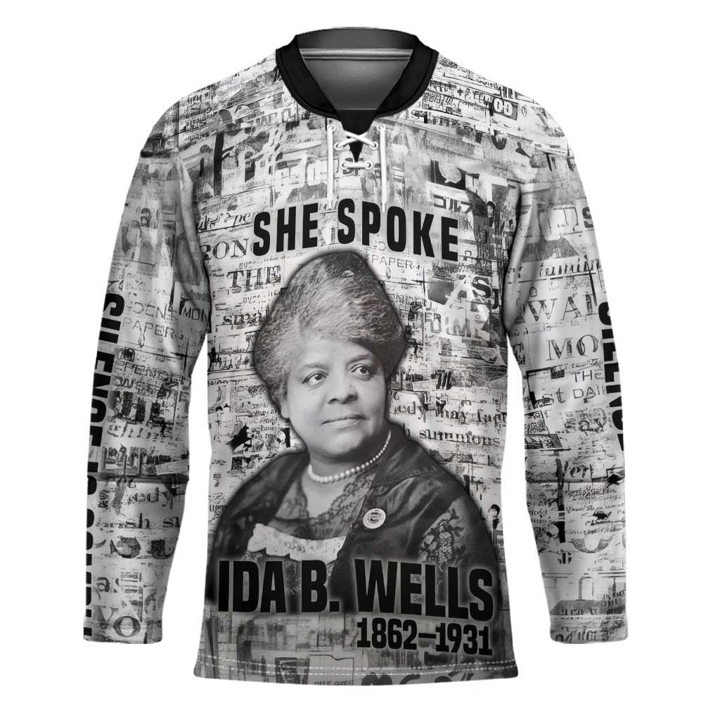 Ida B. Wells Hockey Jersey with Newspaper Collage Design Powerful Portrait Civil Rights and Free Press Tribute - African Pride