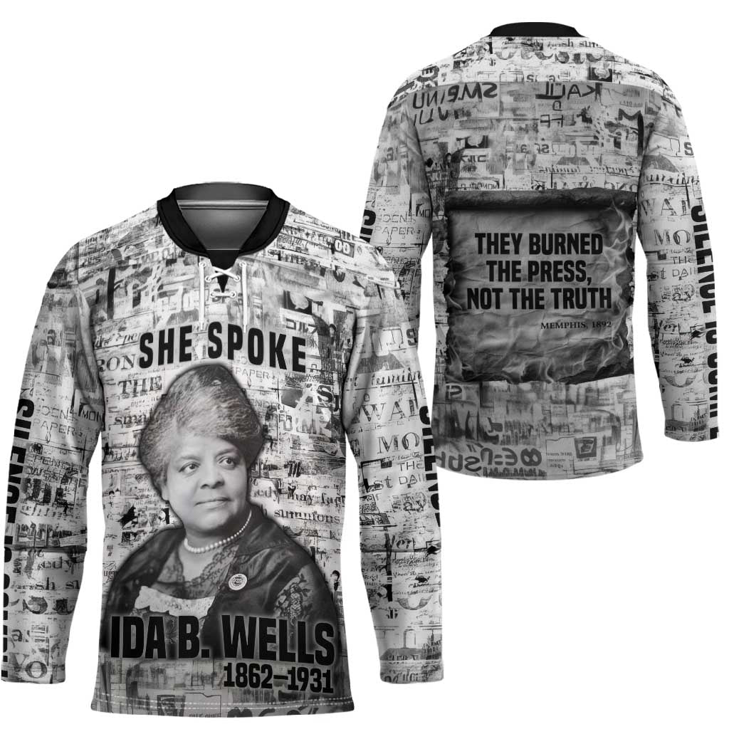 Ida B. Wells Hockey Jersey with Newspaper Collage Design Powerful Portrait Civil Rights and Free Press Tribute - African Pride