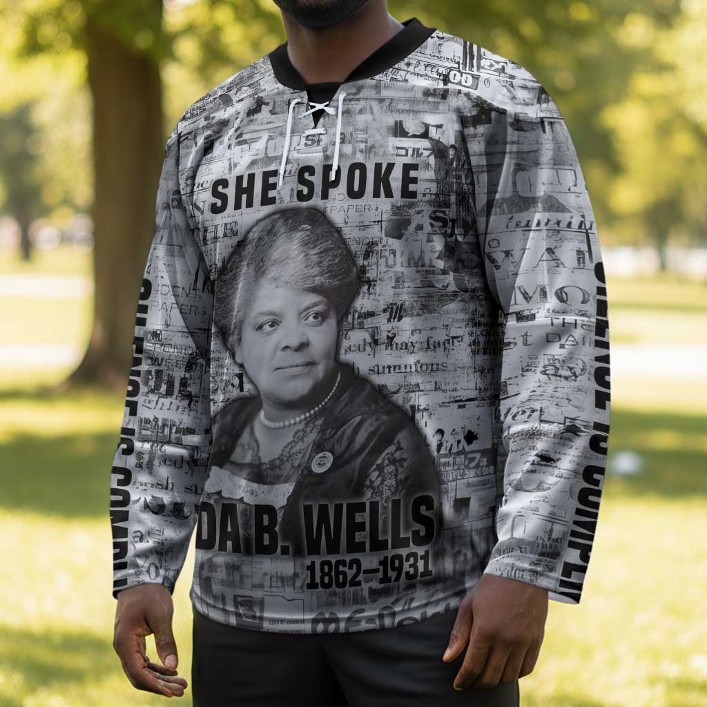 Ida B. Wells Hockey Jersey with Newspaper Collage Design Powerful Portrait Civil Rights and Free Press Tribute - African Pride