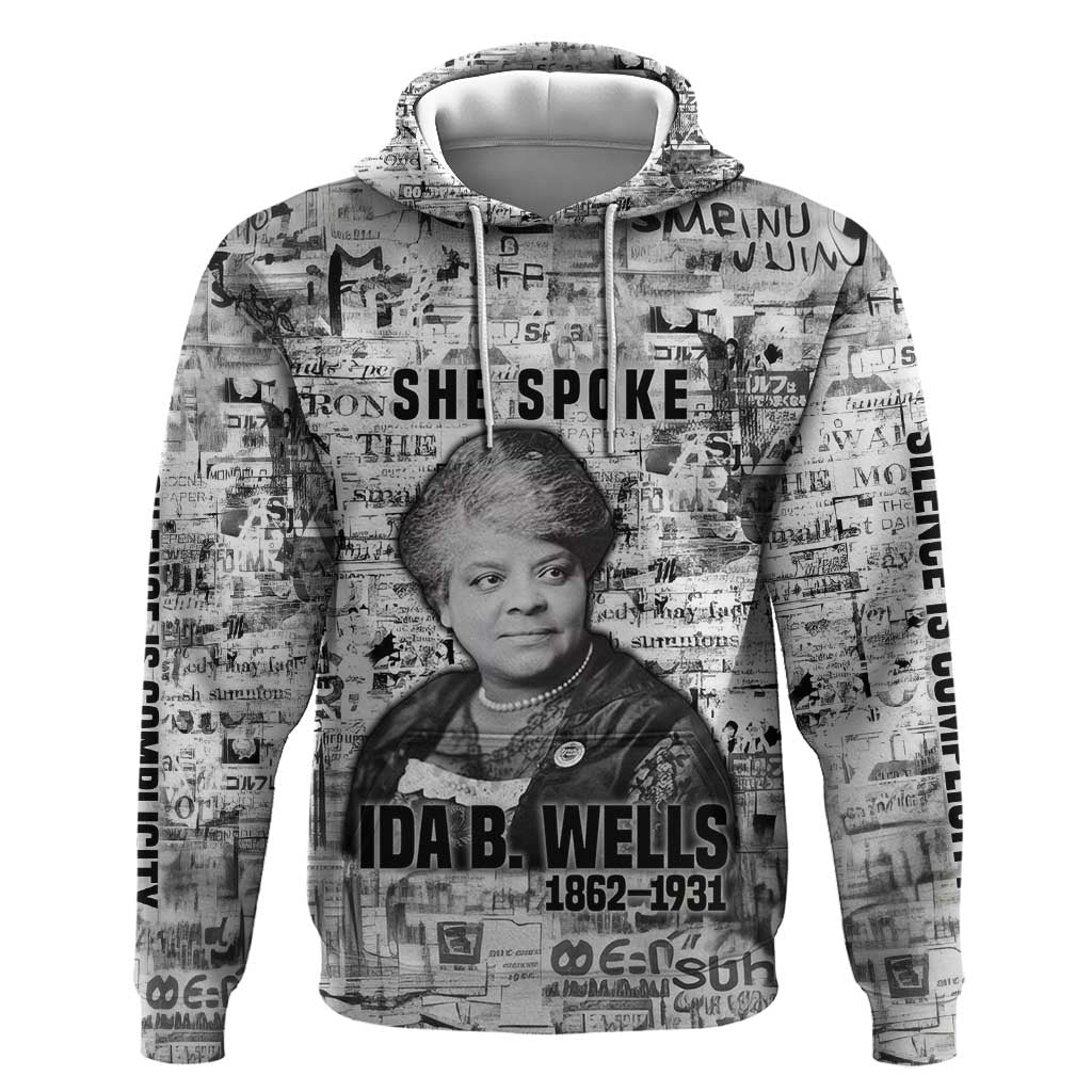 Ida B. Wells Hoodie with Newspaper Collage Design Powerful Portrait Civil Rights and Free Press Tribute - African Pride