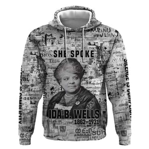 Ida B. Wells Hoodie with Newspaper Collage Design Powerful Portrait Civil Rights and Free Press Tribute - African Pride