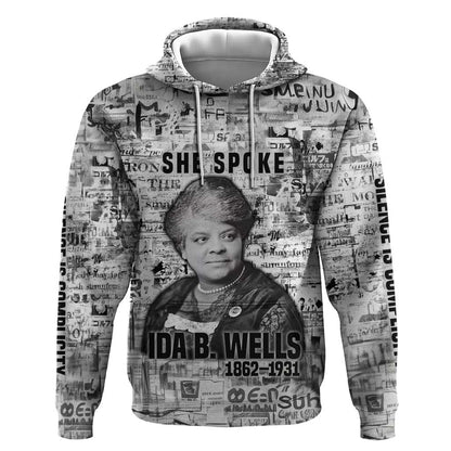 Ida B. Wells Hoodie with Newspaper Collage Design Powerful Portrait Civil Rights and Free Press Tribute - African Pride