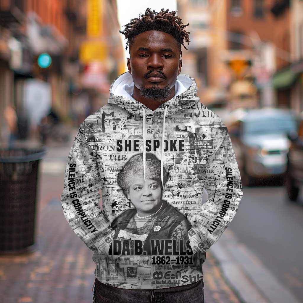 Ida B. Wells Hoodie with Newspaper Collage Design Powerful Portrait Civil Rights and Free Press Tribute - African Pride