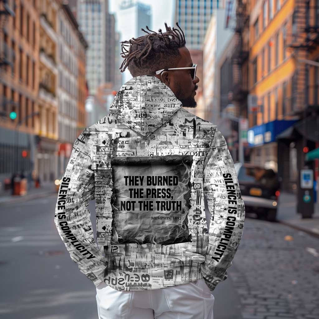 Ida B. Wells Hoodie with Newspaper Collage Design Powerful Portrait Civil Rights and Free Press Tribute - African Pride