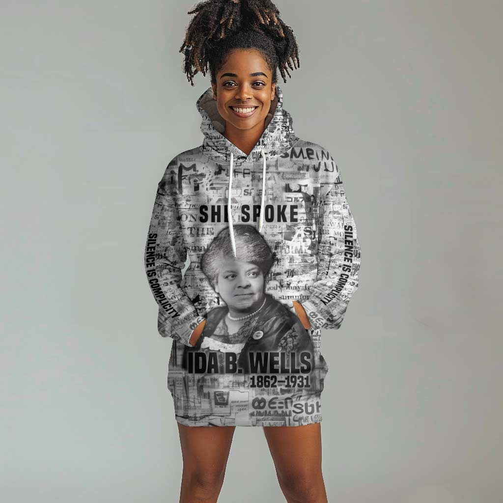 Ida B. Wells Hoodie Dress with Newspaper Collage Design Powerful Portrait Civil Rights and Free Press Tribute - African Pride