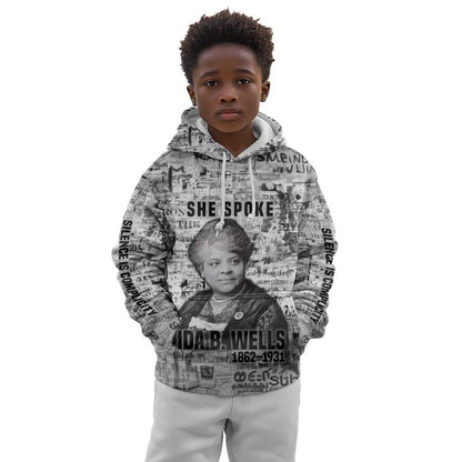 Ida B. Wells Kid Hoodie with Newspaper Collage Design Powerful Portrait Civil Rights and Free Press Tribute - African Pride