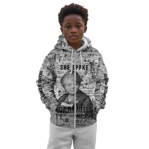 Ida B. Wells Kid Hoodie with Newspaper Collage Design Powerful Portrait Civil Rights and Free Press Tribute - African Pride