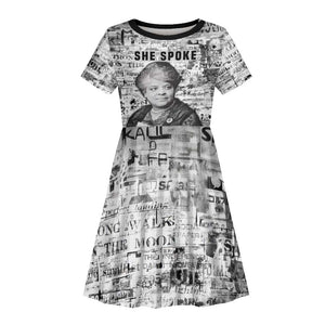 Ida B. Wells Kid Short Sleeve Dress with Newspaper Collage Design Powerful Portrait Civil Rights and Free Press Tribute - African Pride
