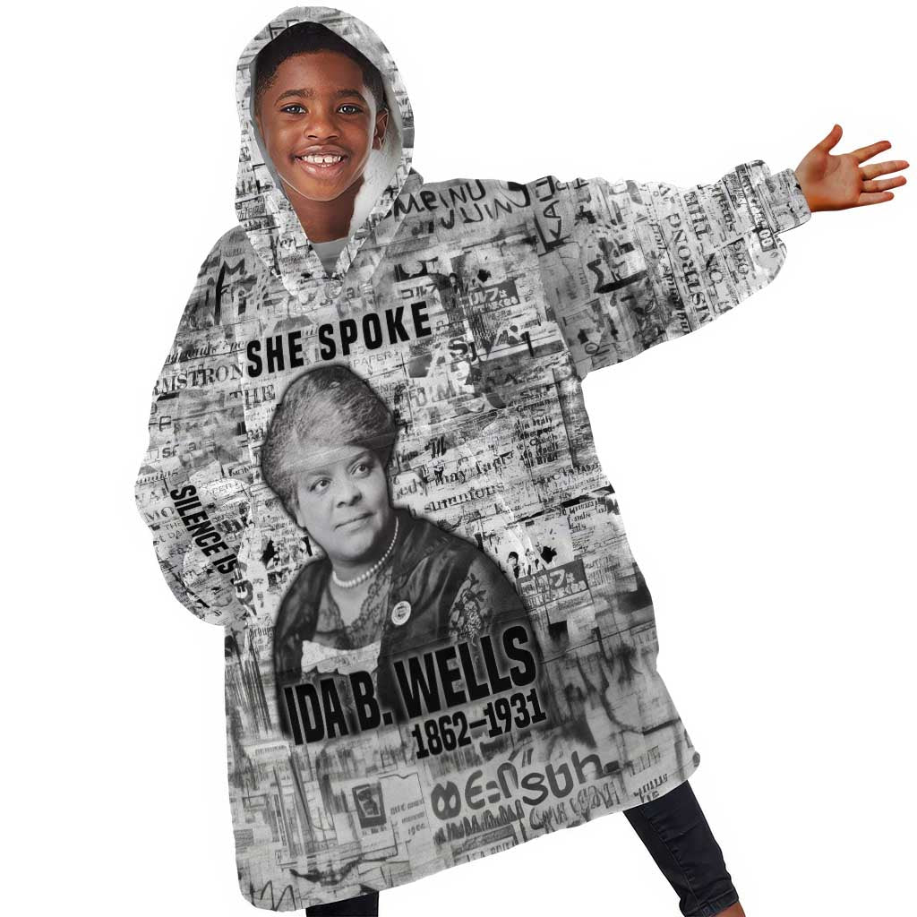 Ida B. Wells Kid Wearable Blanket Hoodie with Newspaper Collage Design Powerful Portrait Civil Rights and Free Press Tribute - African Pride