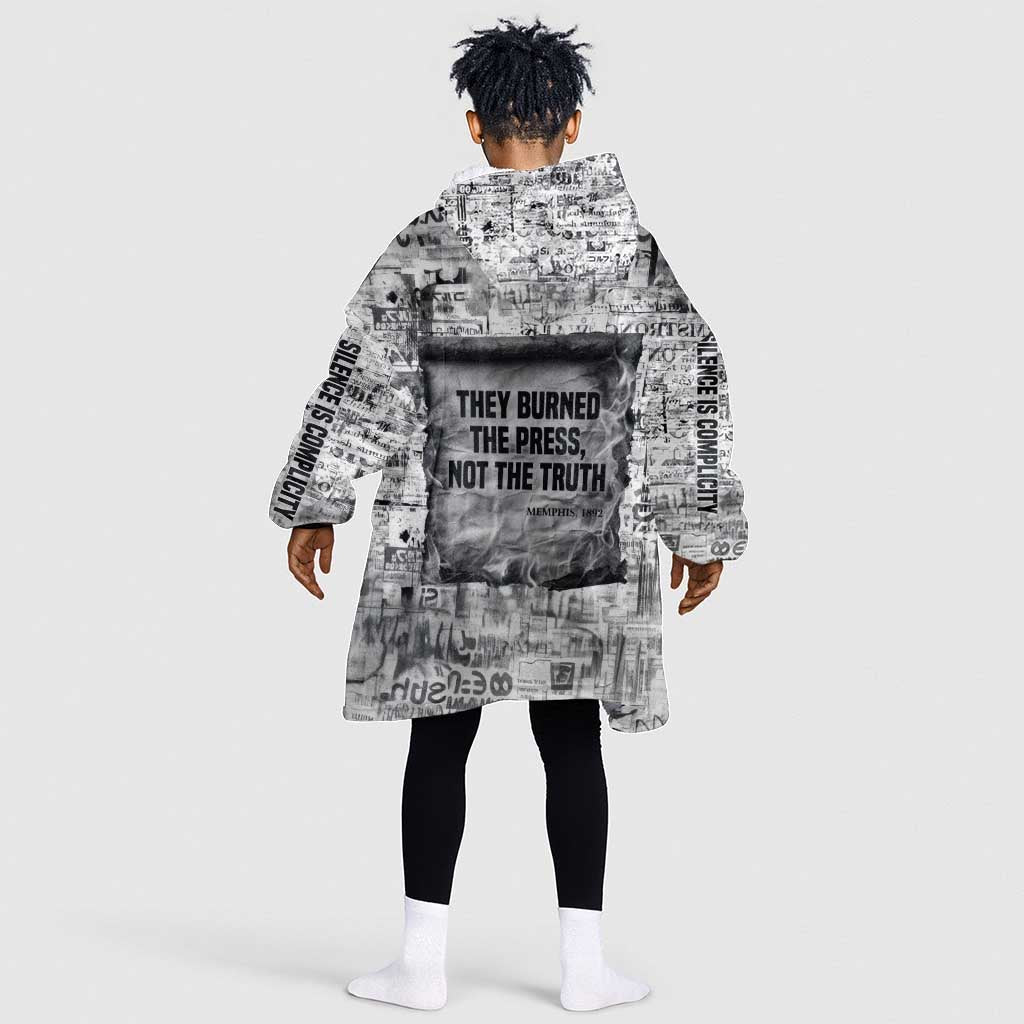 Ida B. Wells Kid Wearable Blanket Hoodie with Newspaper Collage Design Powerful Portrait Civil Rights and Free Press Tribute - African Pride