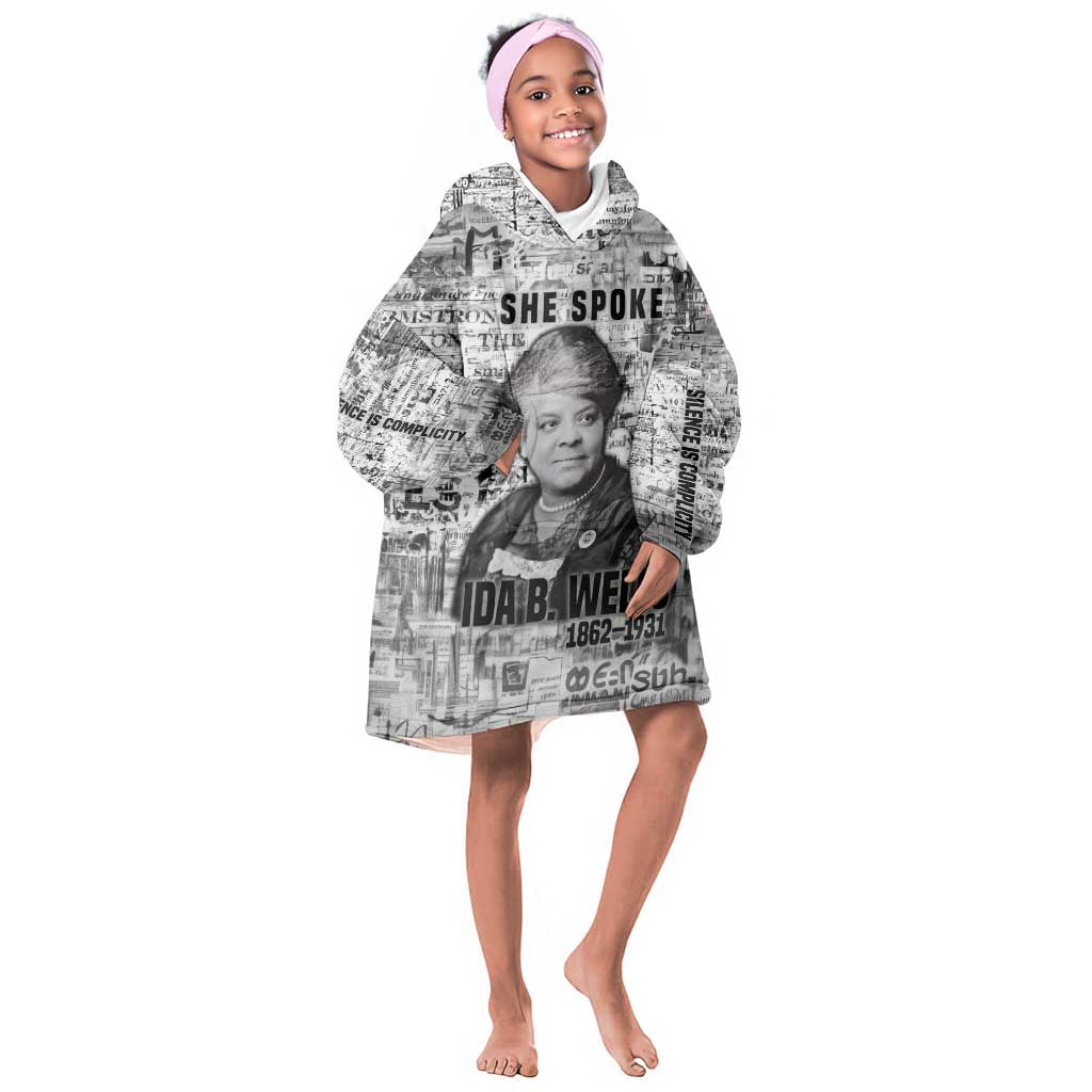 Ida B. Wells Kid Wearable Blanket Hoodie with Newspaper Collage Design Powerful Portrait Civil Rights and Free Press Tribute - African Pride