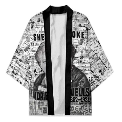 Ida B. Wells Kimono with Newspaper Collage Design Powerful Portrait Civil Rights and Free Press Tribute - African Pride