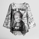 Ida B. Wells Kimono Sleeve Blouse with Newspaper Collage Design Powerful Portrait Civil Rights and Free Press Tribute - African Pride