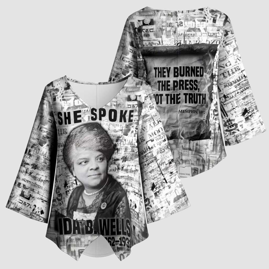 Ida B. Wells Kimono Sleeve Blouse with Newspaper Collage Design Powerful Portrait Civil Rights and Free Press Tribute - African Pride
