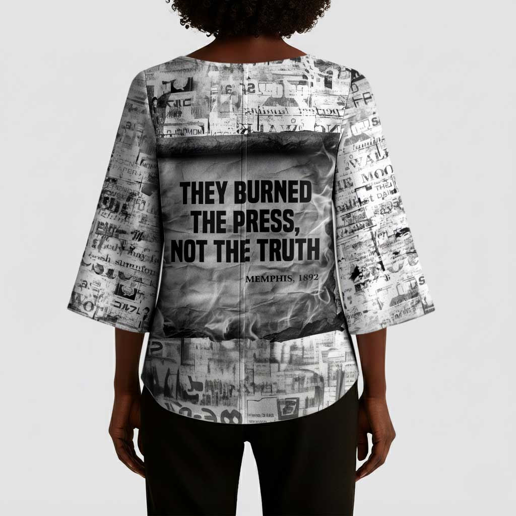 Ida B. Wells Kimono Sleeve Blouse with Newspaper Collage Design Powerful Portrait Civil Rights and Free Press Tribute - African Pride
