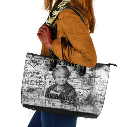 Ida B. Wells Leather Tote Bag with Newspaper Collage Design Powerful Portrait Civil Rights and Free Press Tribute - African Pride
