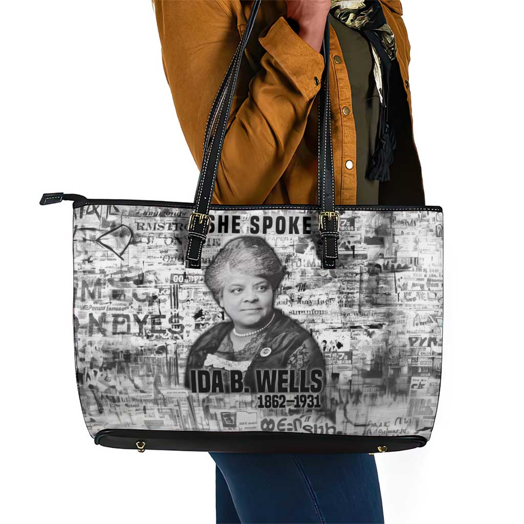 Ida B. Wells Leather Tote Bag with Newspaper Collage Design Powerful Portrait Civil Rights and Free Press Tribute - African Pride