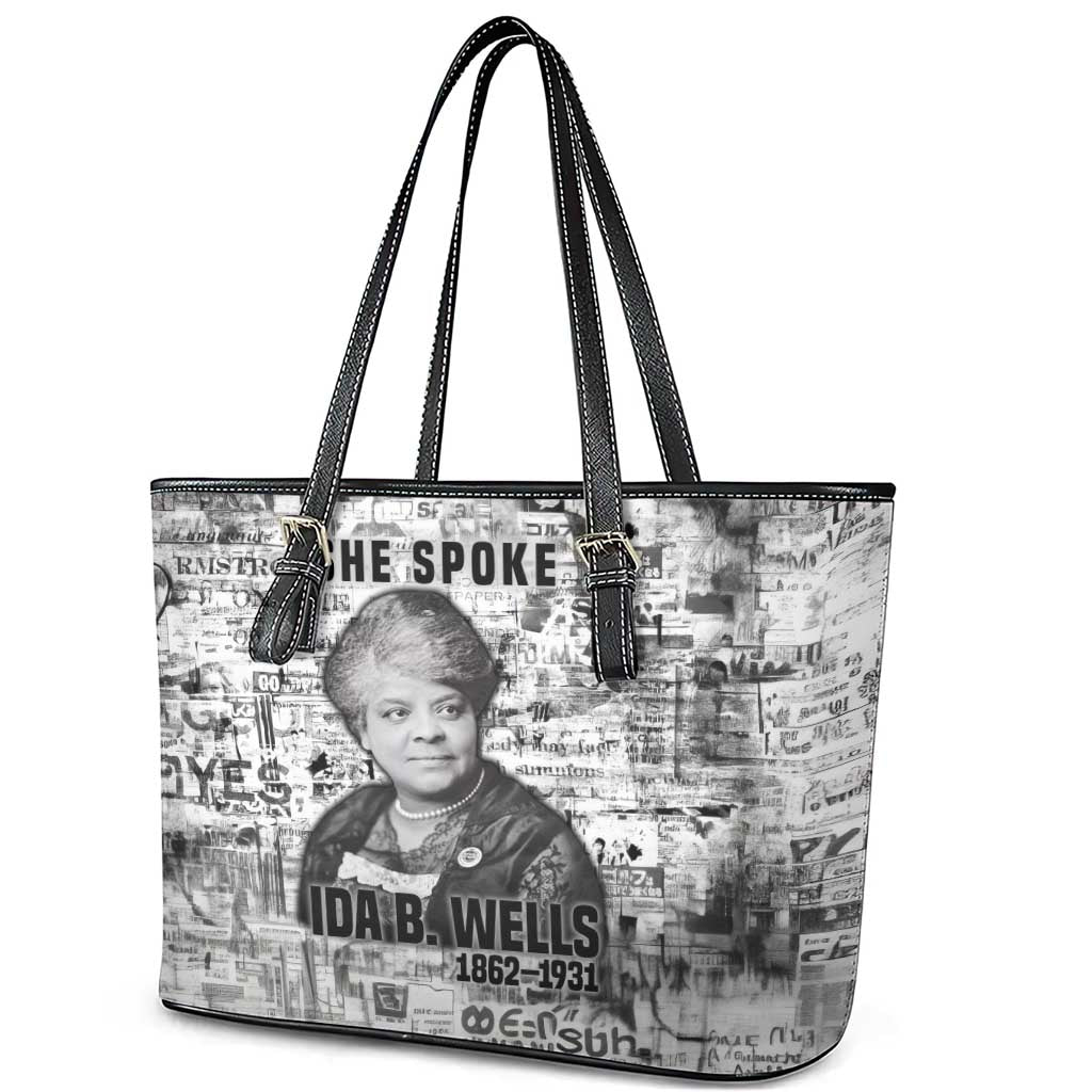 Ida B. Wells Leather Tote Bag with Newspaper Collage Design Powerful Portrait Civil Rights and Free Press Tribute - African Pride