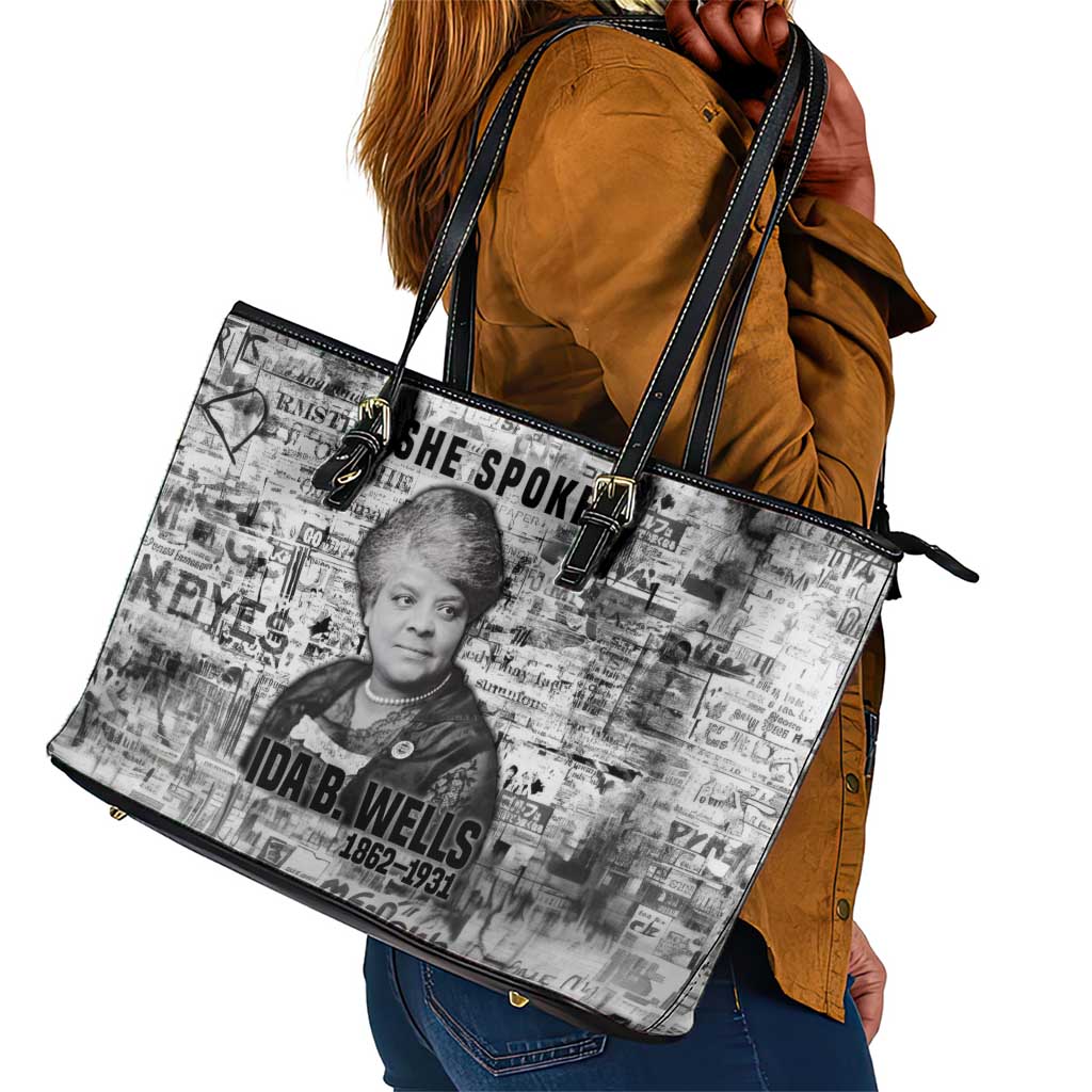 Ida B. Wells Leather Tote Bag with Newspaper Collage Design Powerful Portrait Civil Rights and Free Press Tribute - African Pride