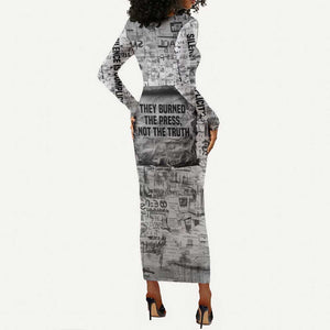Ida B. Wells Long Sleeve Bodycon Dress with Newspaper Collage Design Powerful Portrait Civil Rights and Free Press Tribute - African Pride