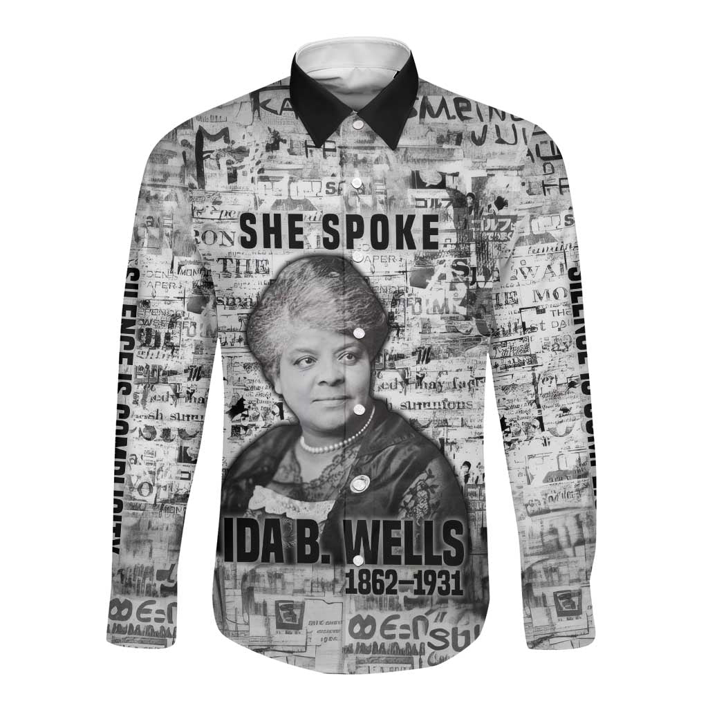 Ida B. Wells Long Sleeve Button Shirt with Newspaper Collage Design Powerful Portrait Civil Rights and Free Press Tribute - African Pride