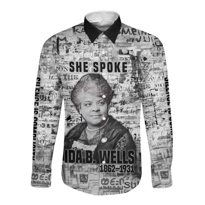 Ida B. Wells Long Sleeve Button Shirt with Newspaper Collage Design Powerful Portrait Civil Rights and Free Press Tribute - African Pride