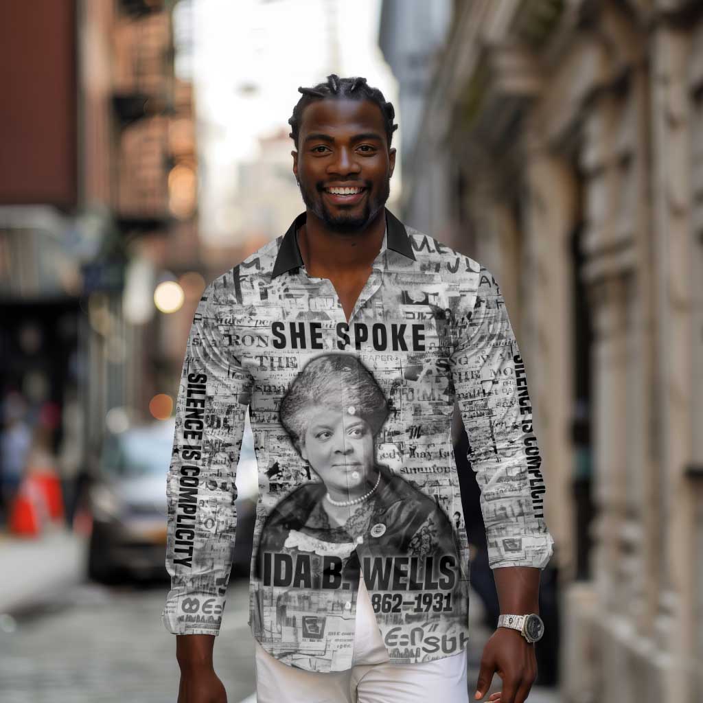 Ida B. Wells Long Sleeve Button Shirt with Newspaper Collage Design Powerful Portrait Civil Rights and Free Press Tribute - African Pride