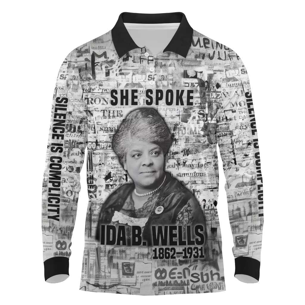Ida B. Wells Long Sleeve Polo Shirt with Newspaper Collage Design Powerful Portrait Civil Rights and Free Press Tribute - African Pride