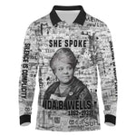 Ida B. Wells Long Sleeve Polo Shirt with Newspaper Collage Design Powerful Portrait Civil Rights and Free Press Tribute - African Pride