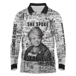 Ida B. Wells Long Sleeve Polo Shirt with Newspaper Collage Design Powerful Portrait Civil Rights and Free Press Tribute - African Pride