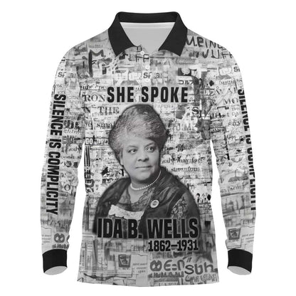 Ida B. Wells Long Sleeve Polo Shirt with Newspaper Collage Design Powerful Portrait Civil Rights and Free Press Tribute - African Pride