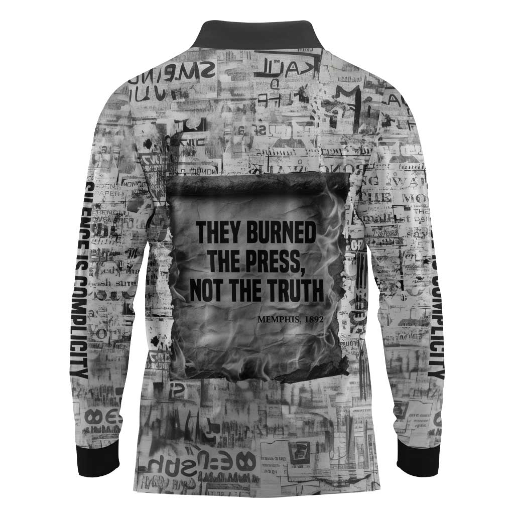 Ida B. Wells Long Sleeve Polo Shirt with Newspaper Collage Design Powerful Portrait Civil Rights and Free Press Tribute - African Pride