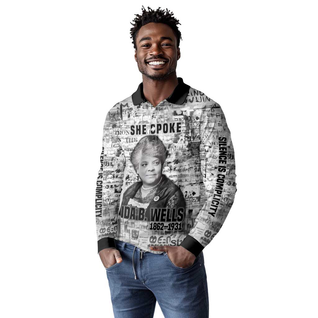 Ida B. Wells Long Sleeve Polo Shirt with Newspaper Collage Design Powerful Portrait Civil Rights and Free Press Tribute - African Pride