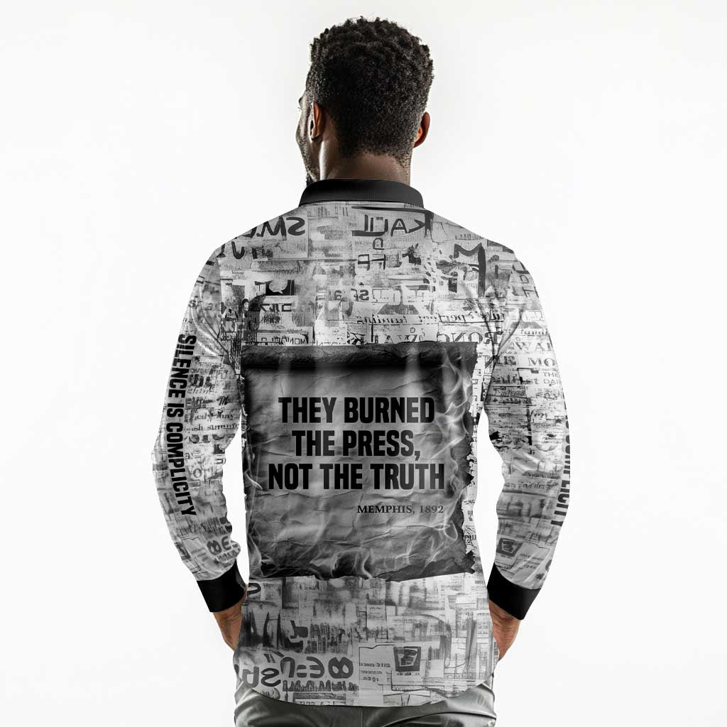 Ida B. Wells Long Sleeve Polo Shirt with Newspaper Collage Design Powerful Portrait Civil Rights and Free Press Tribute - African Pride