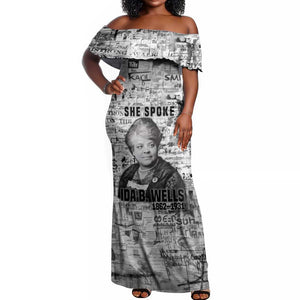 Ida B. Wells Off Shoulder Maxi Dress with Newspaper Collage Design Powerful Portrait Civil Rights and Free Press Tribute - African Pride