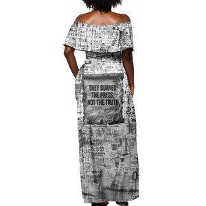 Ida B. Wells Off Shoulder Maxi Dress with Newspaper Collage Design Powerful Portrait Civil Rights and Free Press Tribute - African Pride