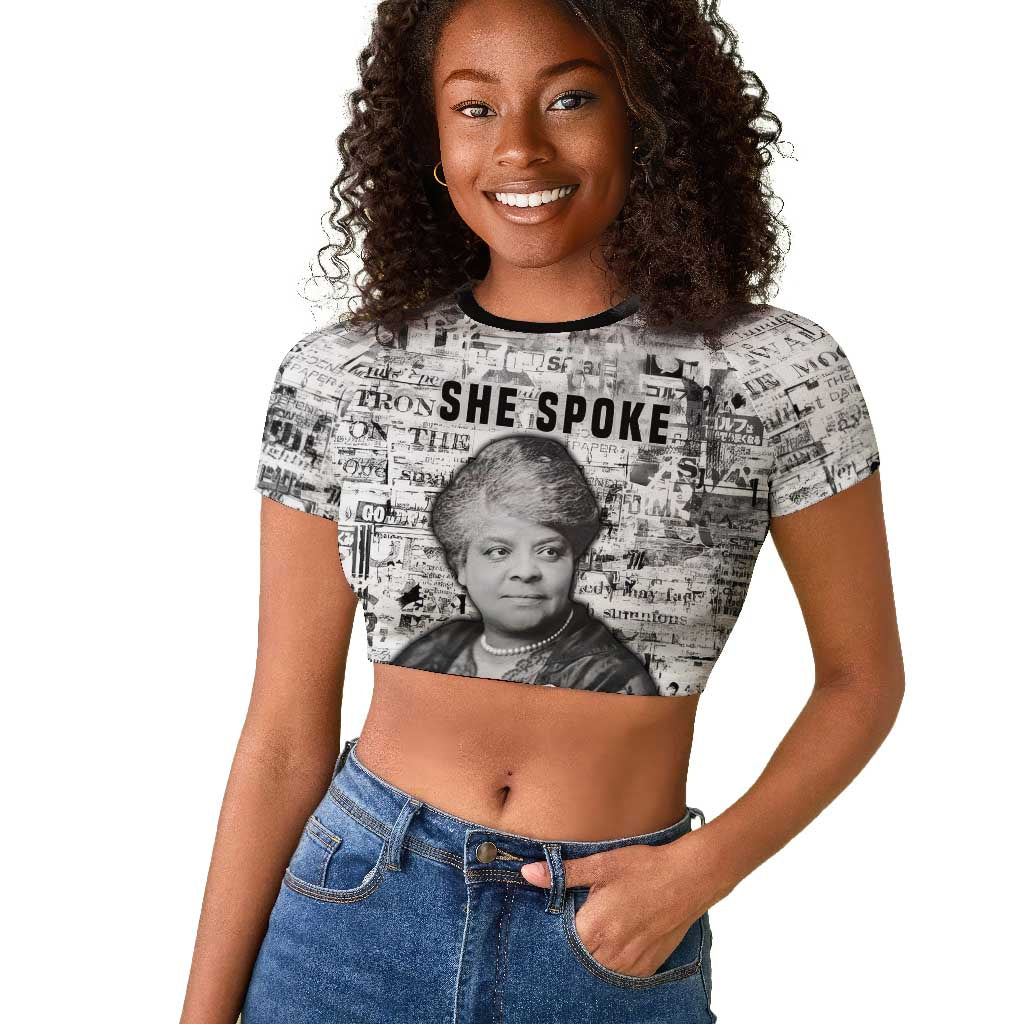 Ida B. Wells Raglan Cropped T shirt with Newspaper Collage Design Powerful Portrait Civil Rights and Free Press Tribute - African Pride