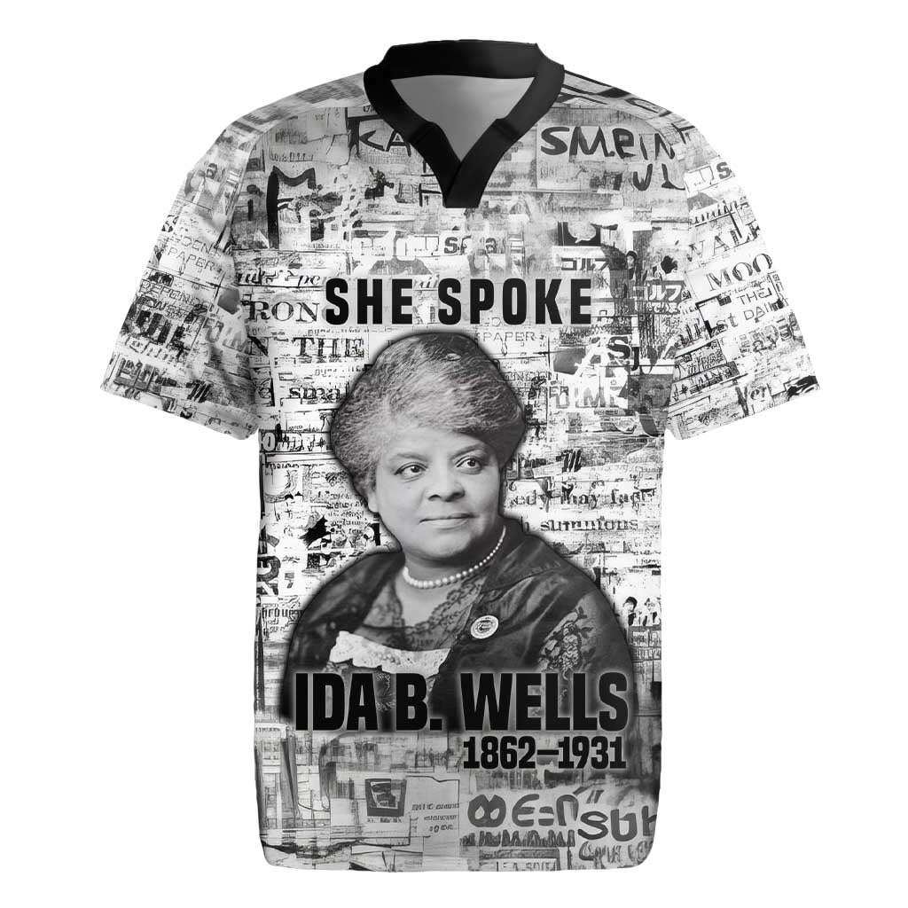 Ida B. Wells Rugby Jersey with Newspaper Collage Design Powerful Portrait Civil Rights and Free Press Tribute - African Pride