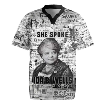 Ida B. Wells Rugby Jersey with Newspaper Collage Design Powerful Portrait Civil Rights and Free Press Tribute - African Pride